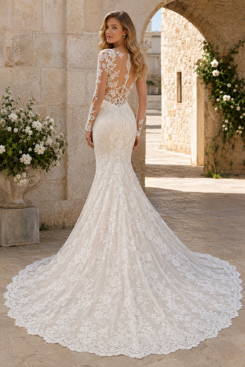 Long Sleeve Lace Mermaid Wedding Dress with Chapel Train Style 720606 back view
