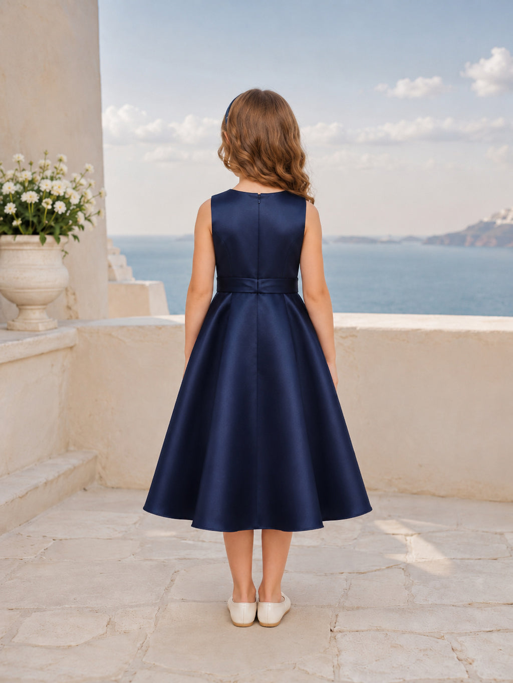 Flower Girl Dress Dark Navy Satin A-Line Sleeveless Jewel Neck Tea Length back view