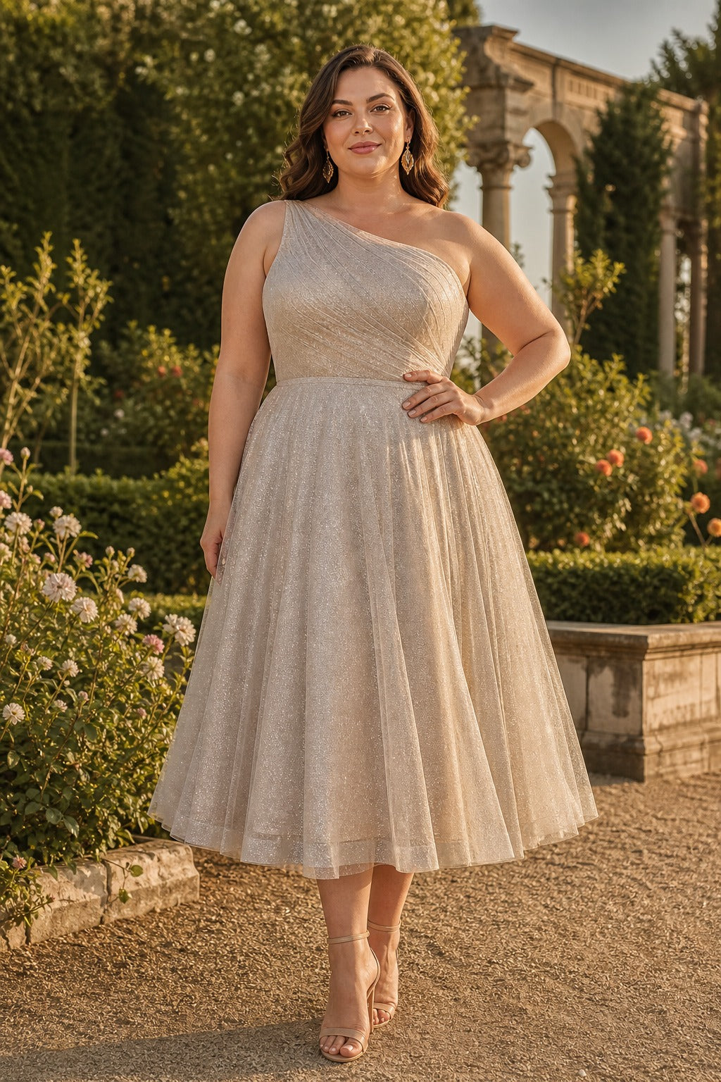 Champagne One-Shoulder Tea-Length Tulle A-Line Dress