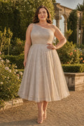 Champagne One-Shoulder Tea-Length Tulle A-Line Dress