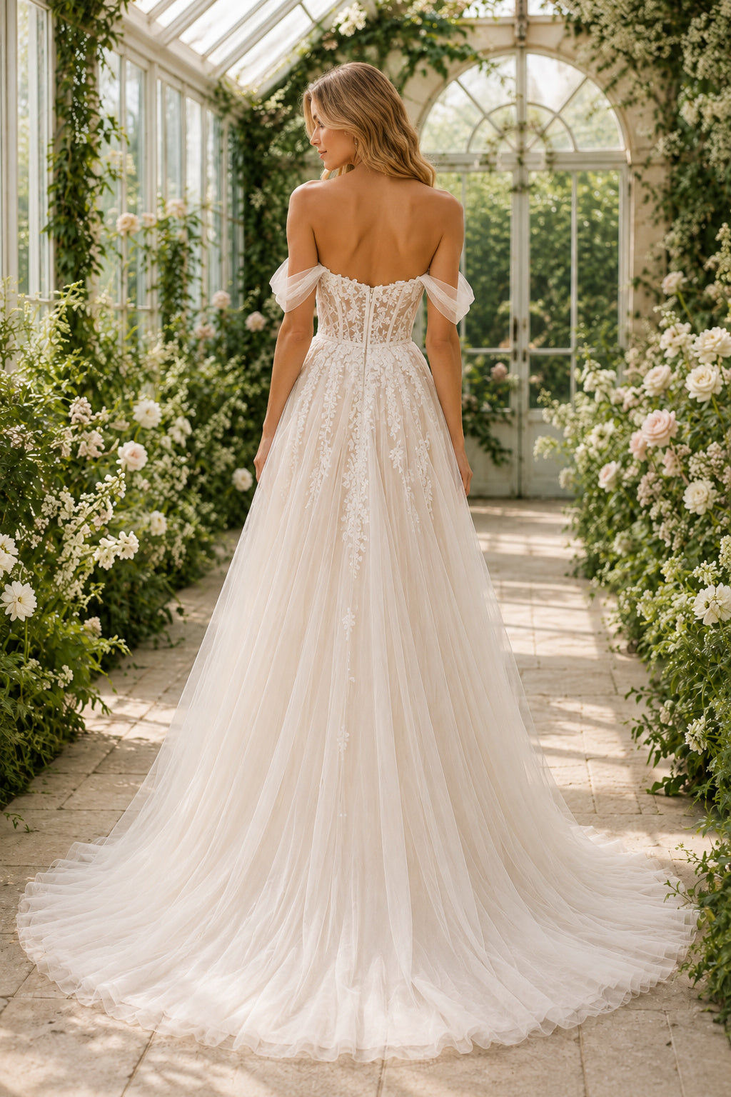 Ivory Off-the-Shoulder Tulle A-Line Wedding Dress with Lace Bodice and Sweep Train back view