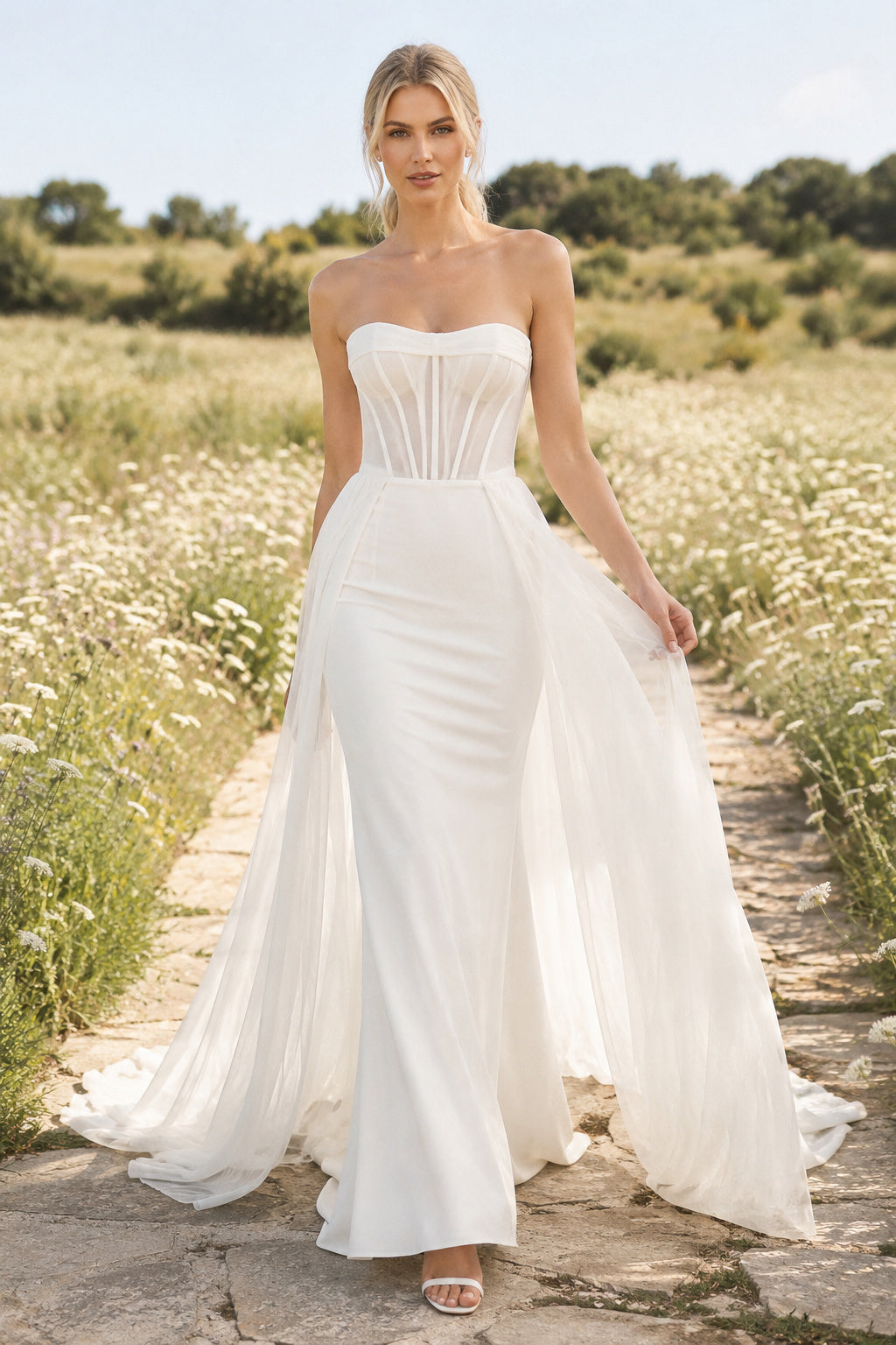 Tulle Wedding Dress A-Line Strapless Sweetheart Sweep Train Bridal Gown front view