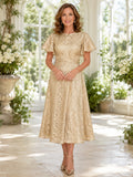 Soft Gold Vintage Bateau Jacquard A-Line Tea-Length Mother of the Bride Midi Dress with Flutter Sleeves front view