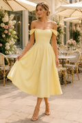 Cocktail Dress Daffodil Satin A-Line Off-the-Shoulder Tea Length front view
