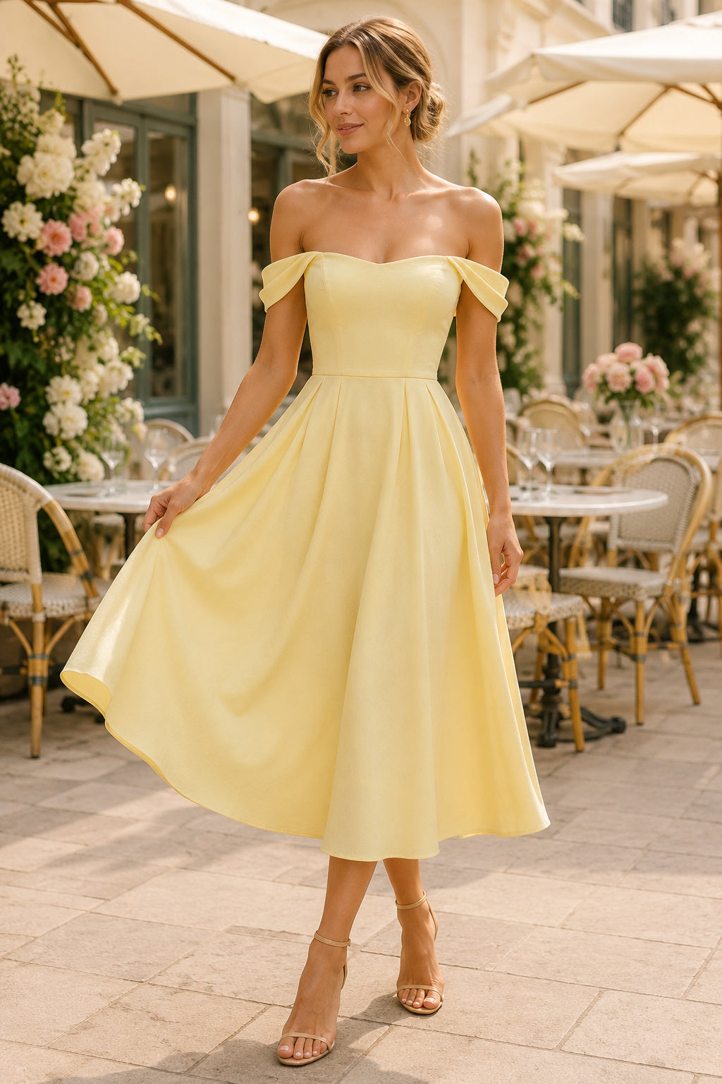 Cocktail Dress Daffodil Satin A-Line Off-the-Shoulder Tea Length front view