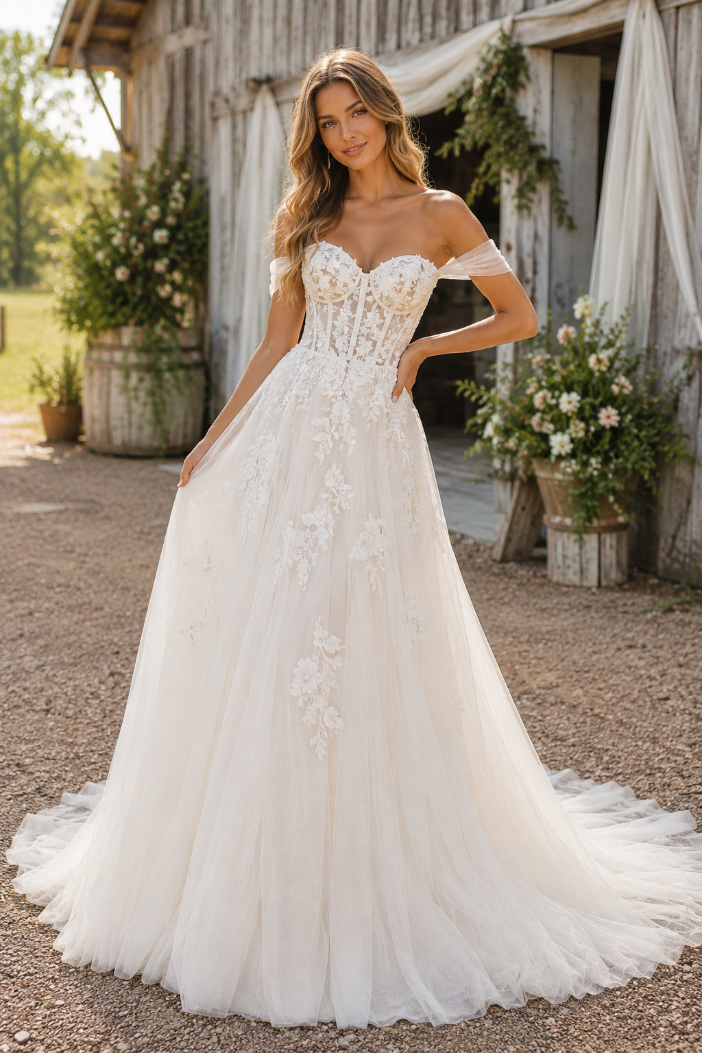 Off the Shoulder Sweetheart A-Line Wedding Dress with Lace Bodice and Tulle Train front view