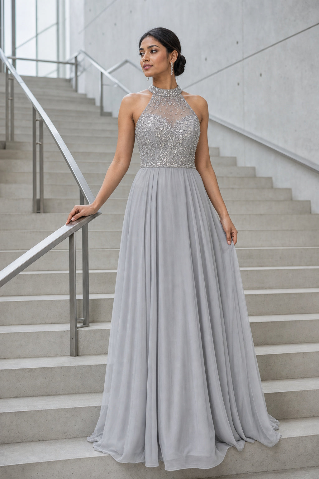 Silver Halter A-Line Chiffon Floor-Length Dress With Beaded Bodice