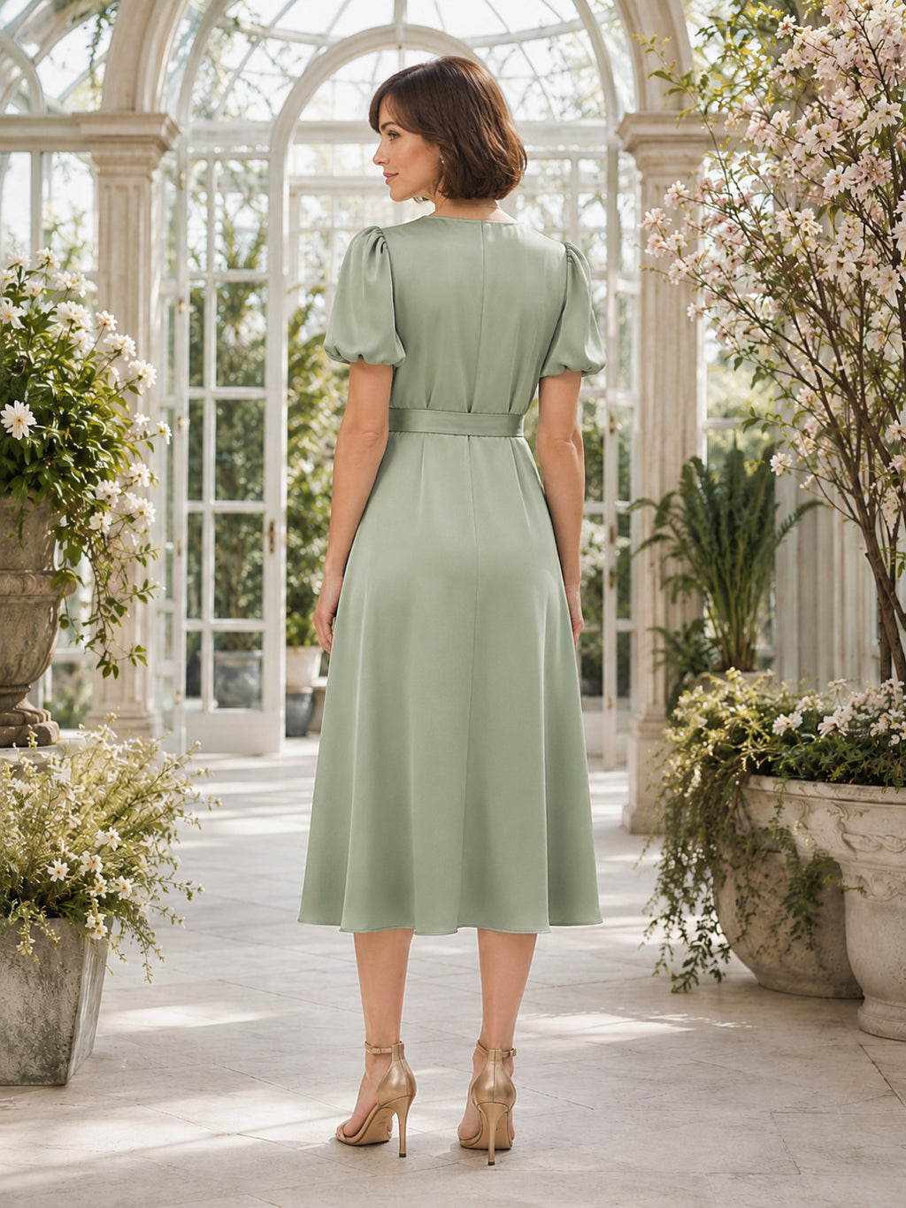 Sage Chiffon V-neck Tie Waist Tea-length Dress back view