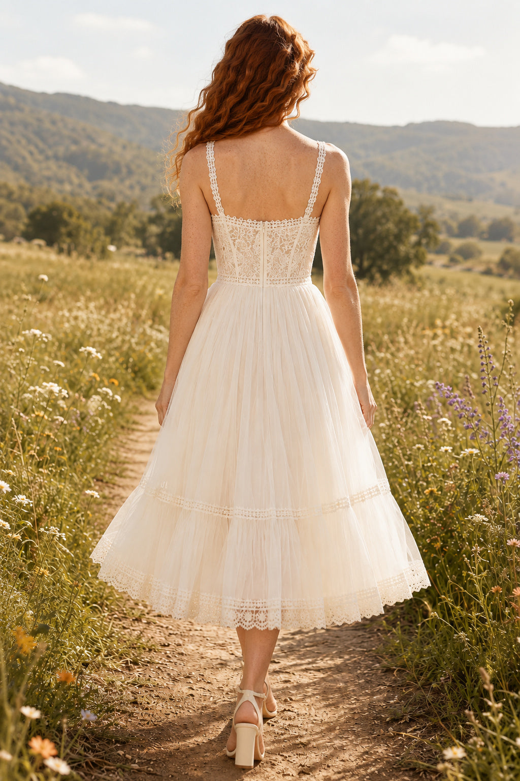 Ivory Square Strap Tulle Lace Tea Length Wedding Dress for Wedding Reception and Party back view