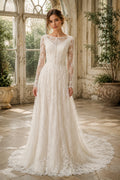 Ivory Bateau Illusion Long Sleeve Lace A-Line Wedding Dress with Sweep Train front view