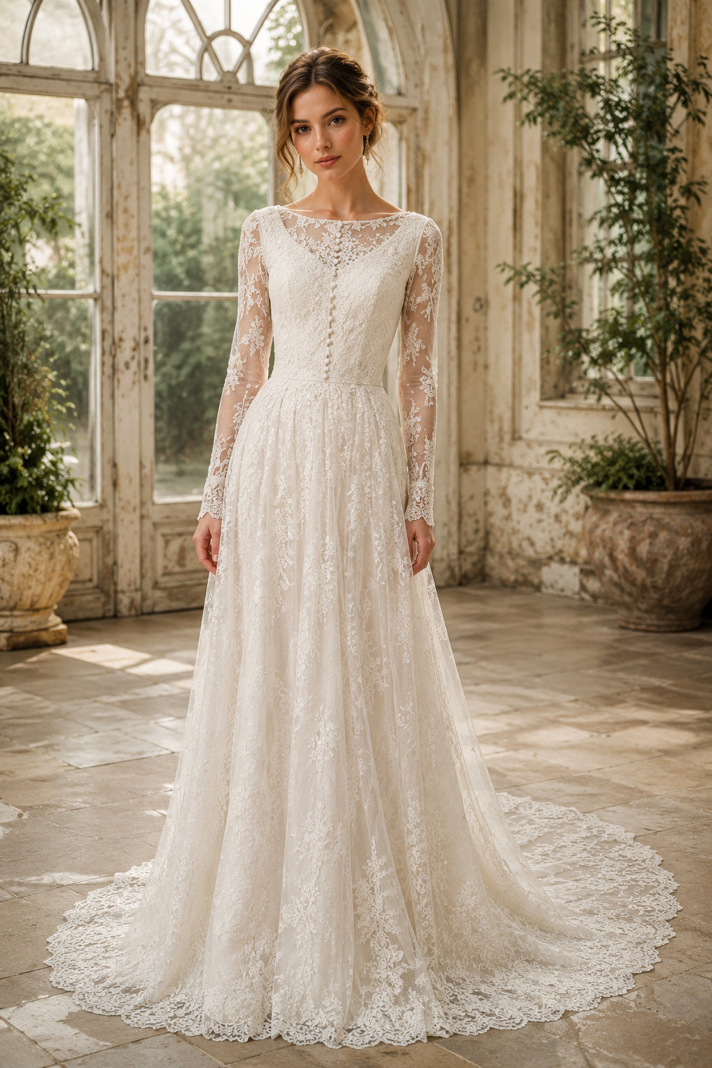 Ivory Bateau Illusion Long Sleeve Lace A-Line Wedding Dress with Sweep Train front view