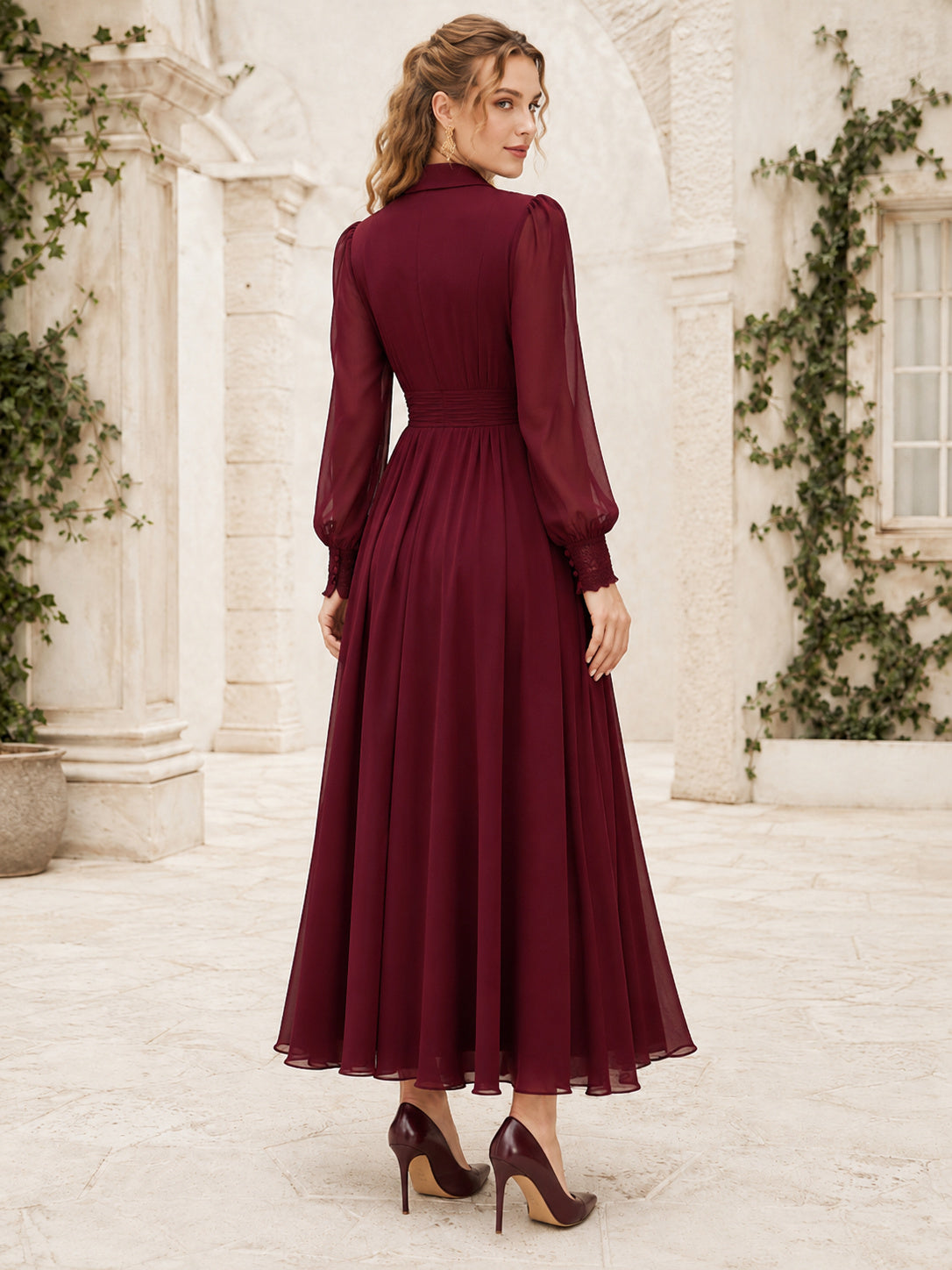 Burgundy Notched Neck Poet Sleeve Chiffon Midi Guest Dress back view