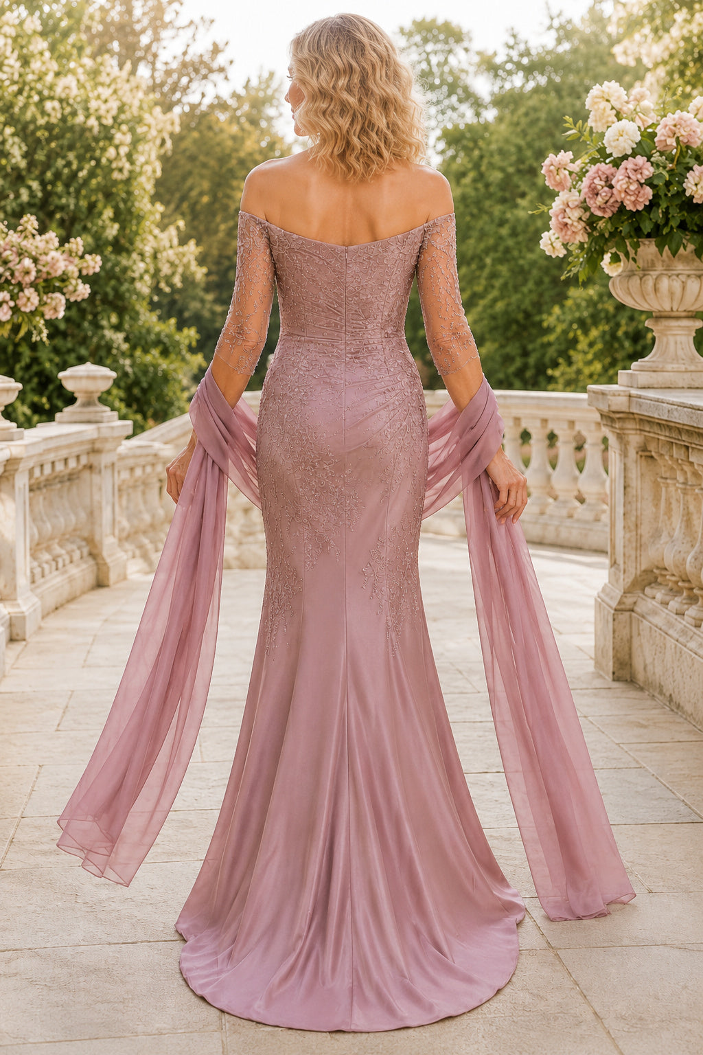 Dusty Rose Off-the-Shoulder Mermaid Mother Dress with Sheer Cape Drape and Ruching back view