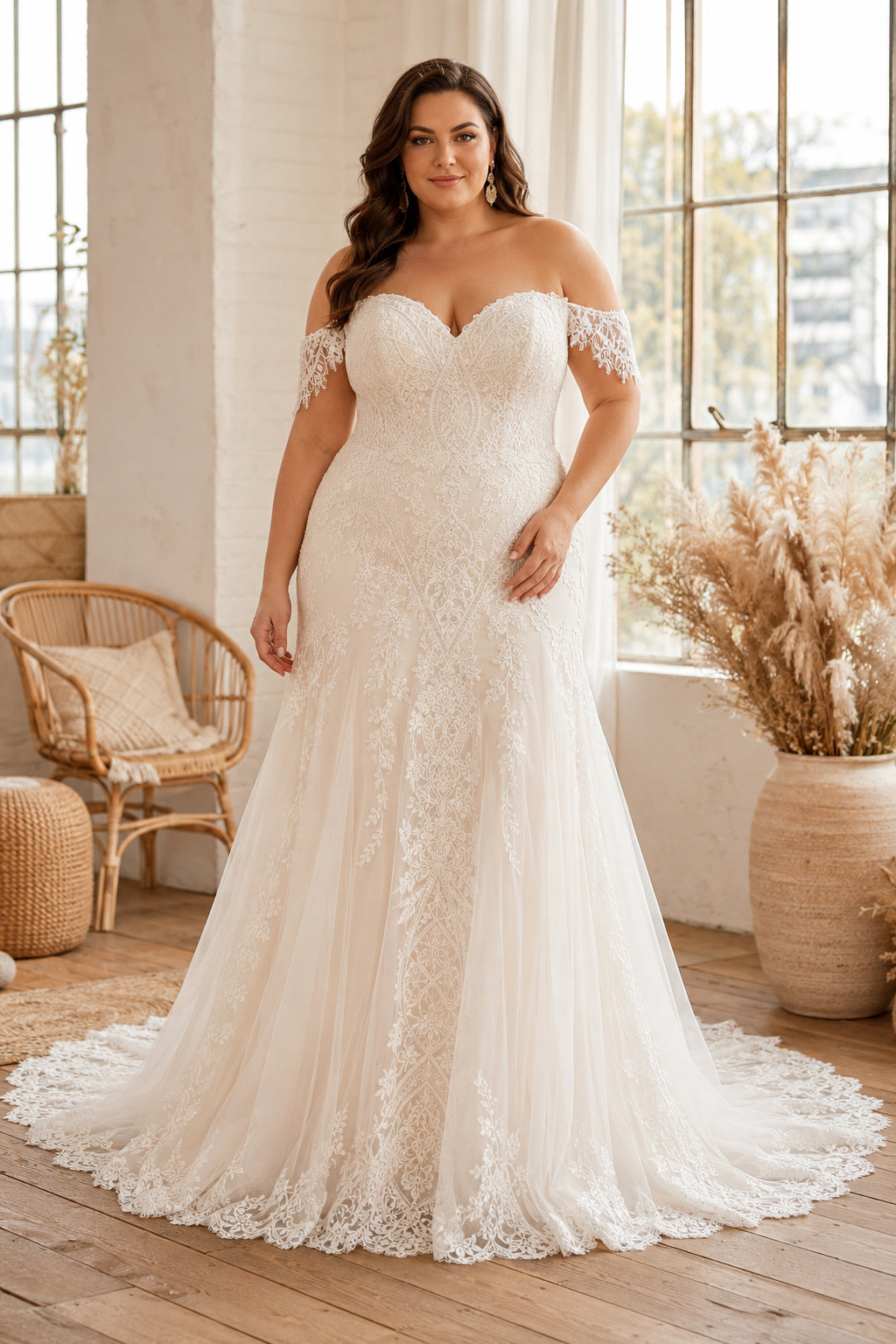 Plus Size Ivory Off-the-Shoulder Sweetheart Flutter Sleeve Lace Tulle Mermaid Wedding Dress with Fitted Lace Bodice and Sweep
