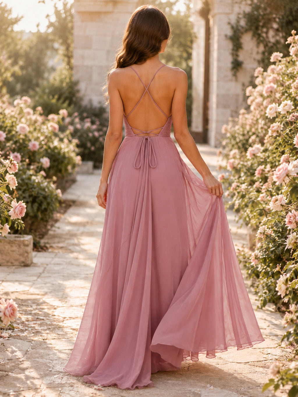 Dusty Rose Cowl Neck Chiffon Open Back Gown back view
