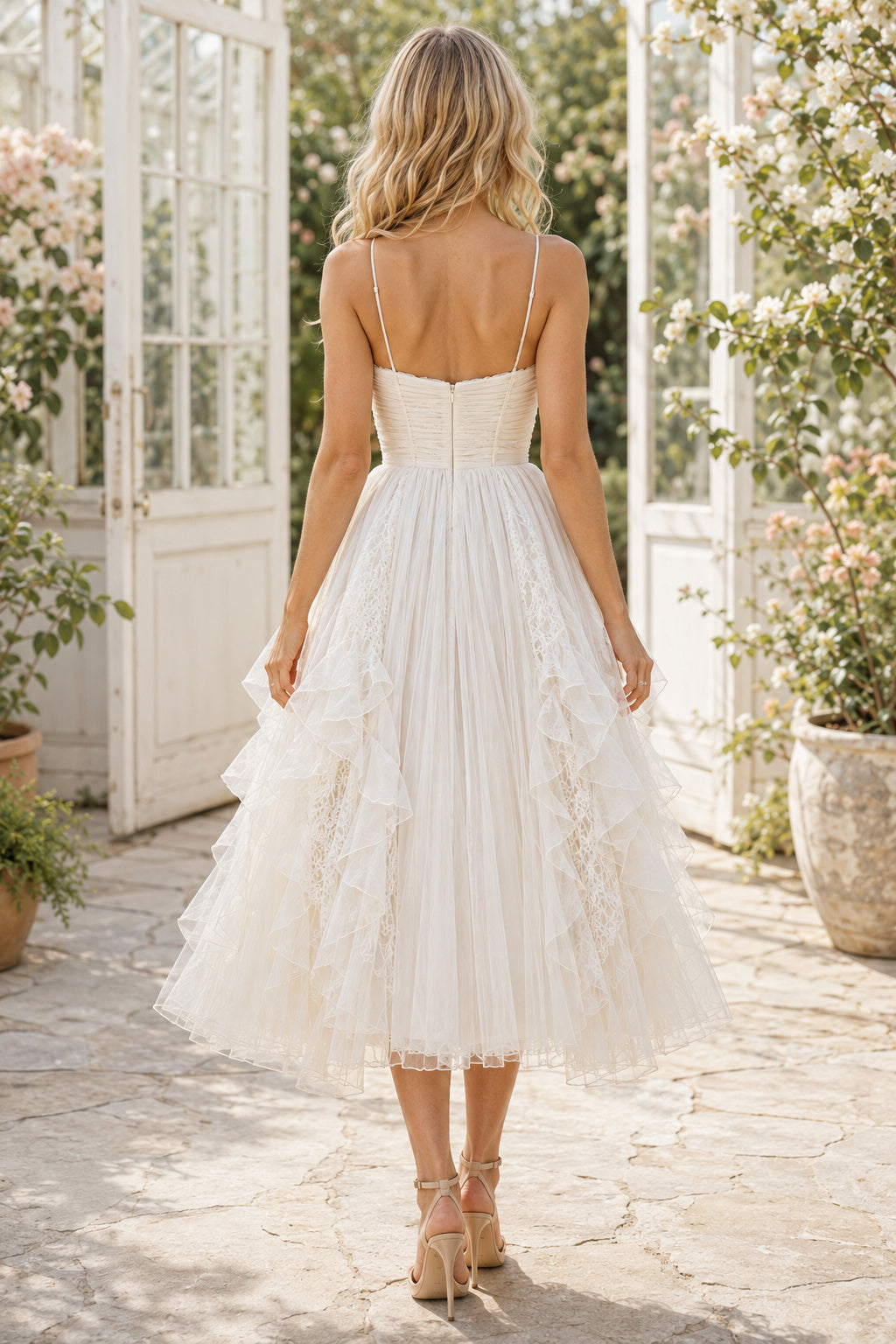 Ivory V-Neck Strap Sleeveless Organza Tulle Tea-Length Wedding Dress with Layered Ruffle Tulle Skirt back view
