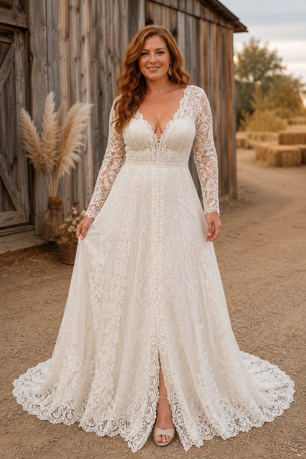 Ivory Plus Size V-Neck Long Sleeve Lace A-Line Wedding Dress with Split Front and Train front view