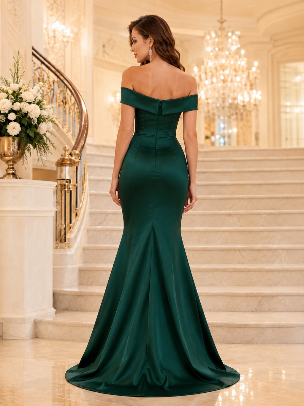 Dark Green Off Shoulder Satin Mermaid Evening Gown back view