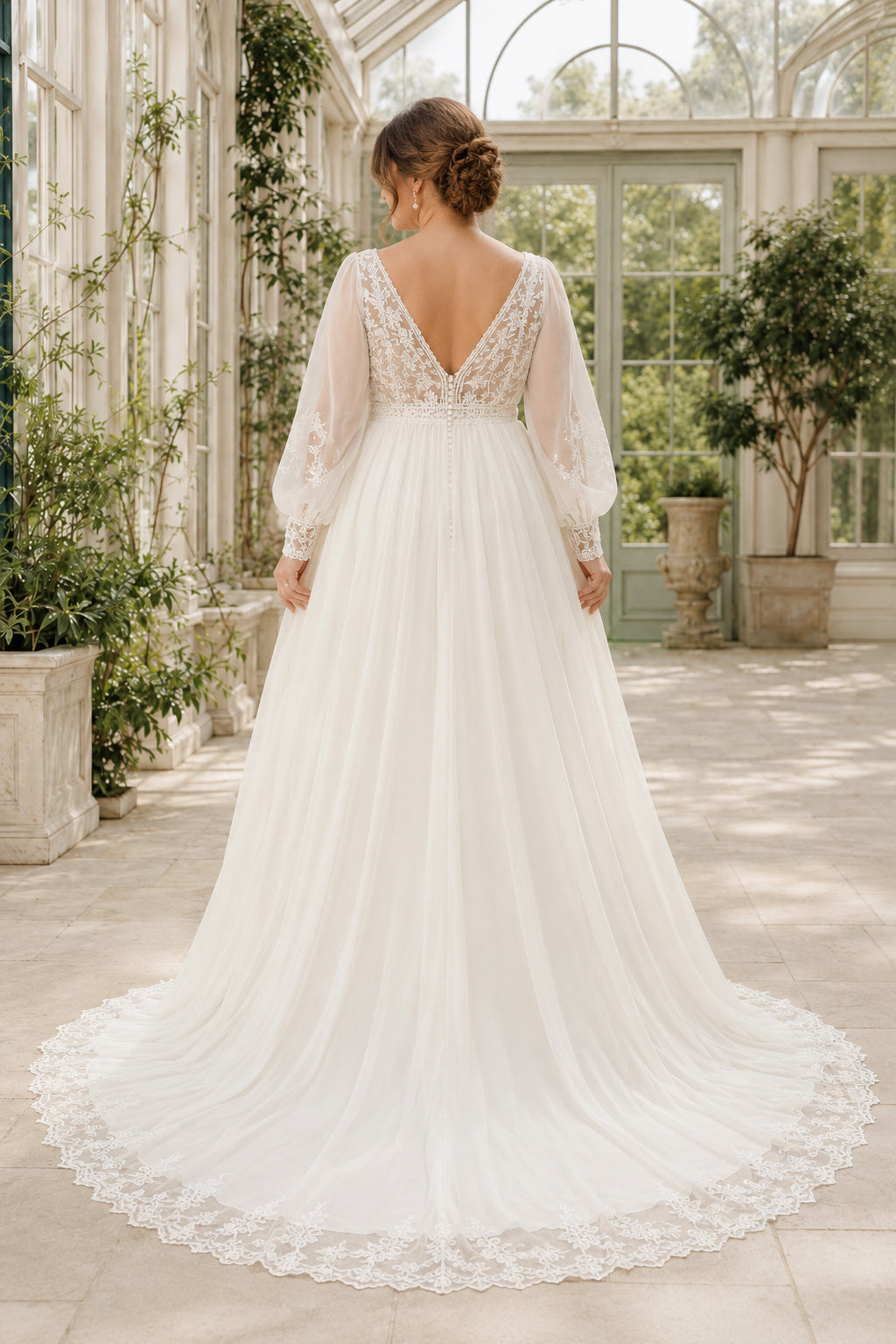Plus Size Ivory V-Neck Bishop Sleeve Lace Tulle A-Line Wedding Dress with Bishop Sleeves and Chiffon Sweep Train back view