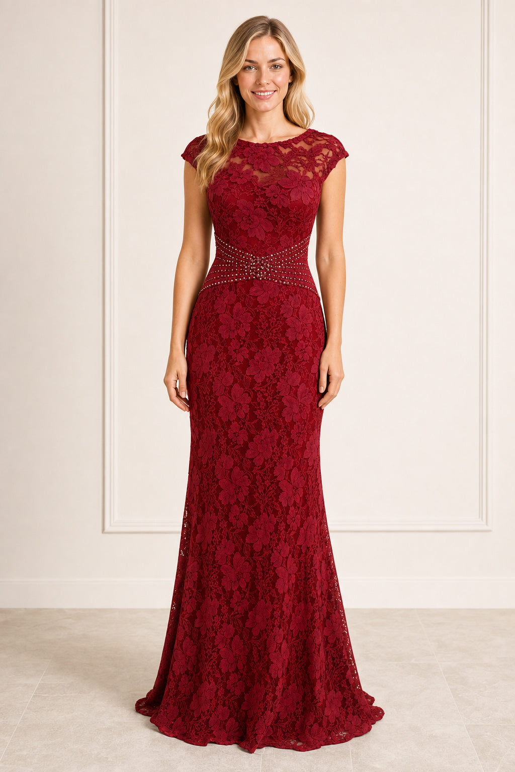 Burgundy V-neck Cap Sleeve Mermaid Lace Floor-Length Dress With V-back