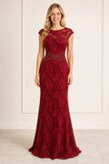 Burgundy V-neck Cap Sleeve Mermaid Lace Floor-Length Dress With V-back