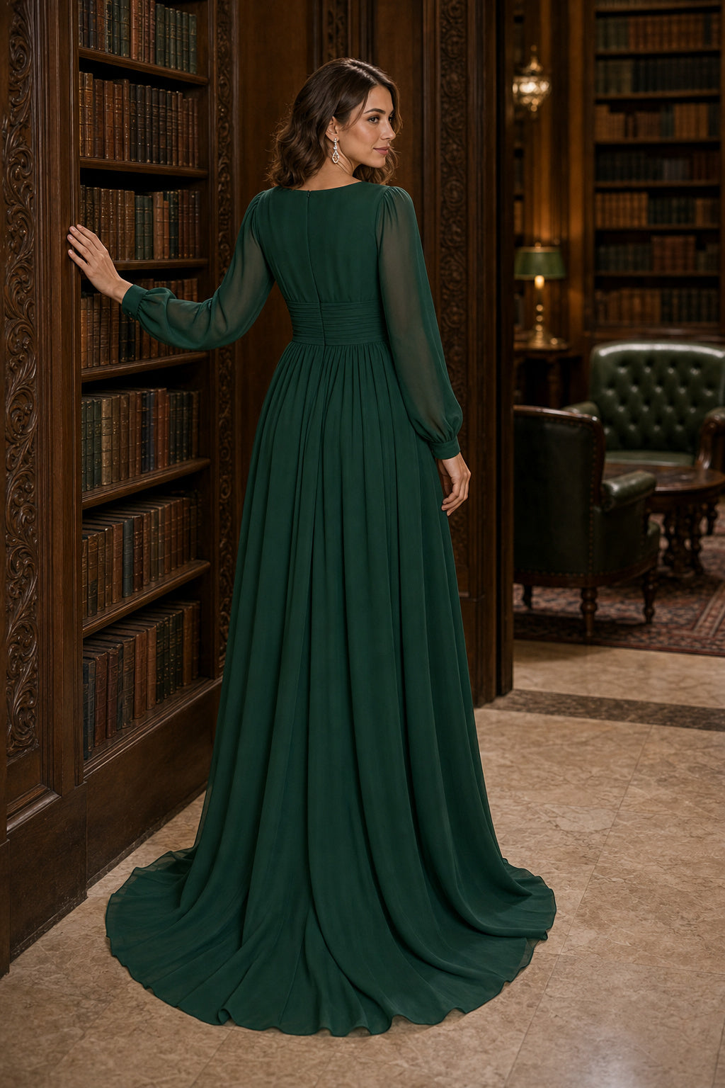 Emerald V-neck Long Sleeve A-Line Chiffon Floor-Length Dress With Sheer Sleeves