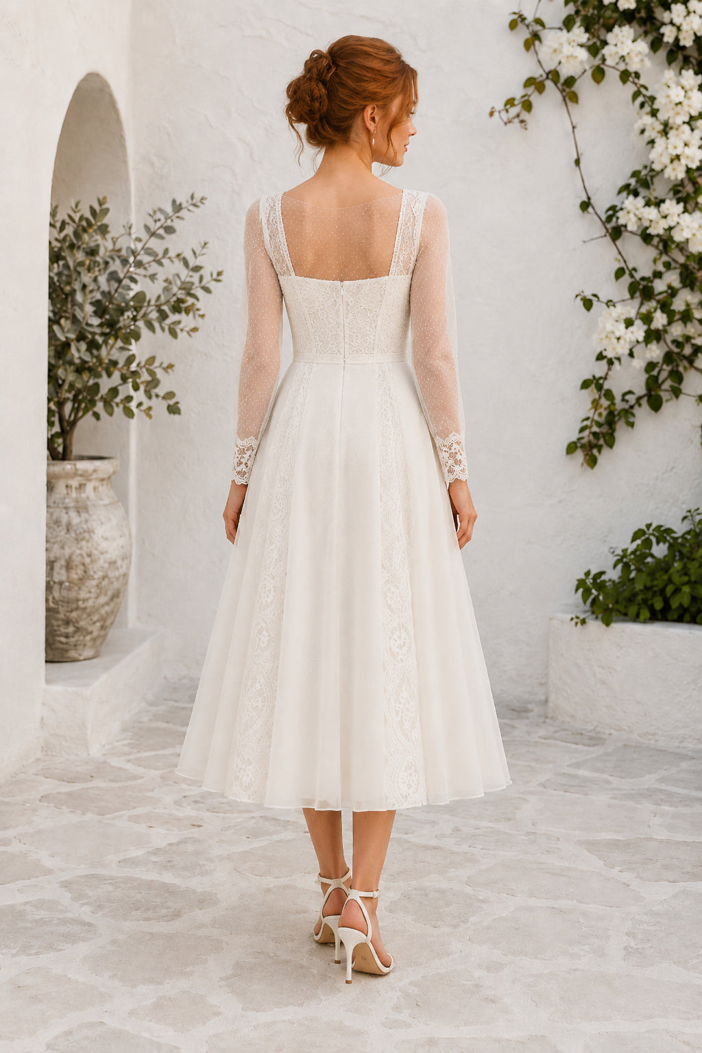 Ivory Square Strap Detachable Lace Sleeve Satin Lace Tea-Length Wedding Dress with Sheer Lace Sleeves and Satin Skirt back vi