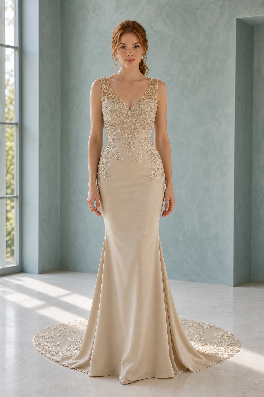 Champagne V-neck Mermaid Lace Floor-length Formal Dress With Lace and Train