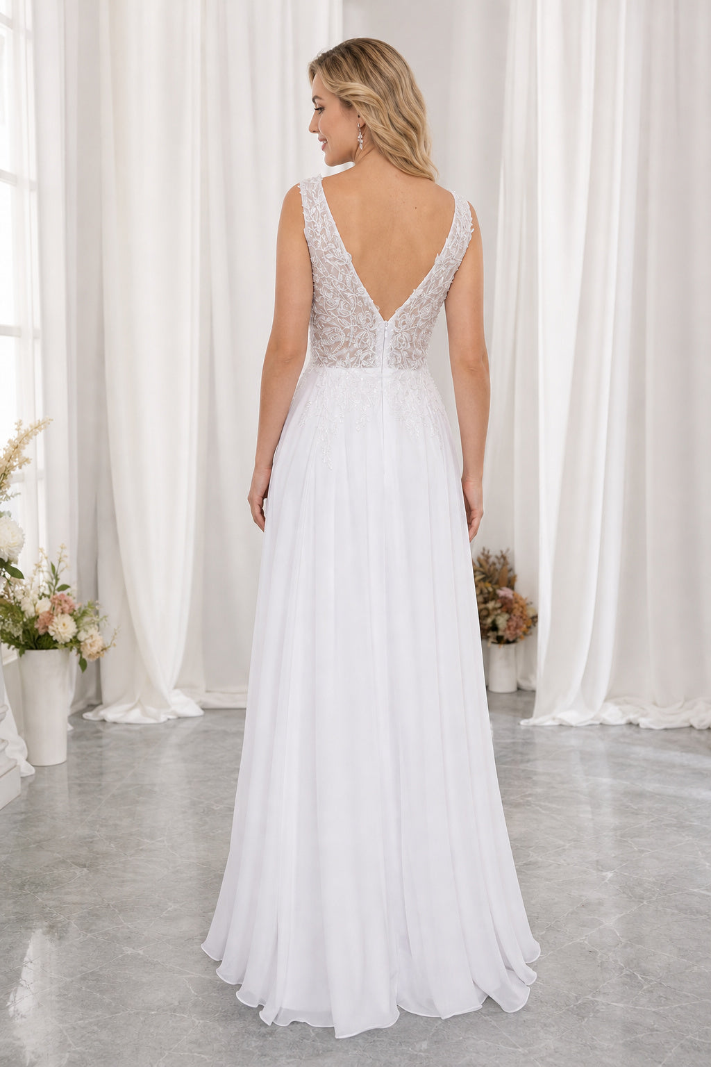 White V-neck Long Sleeves Mermaid Lace Floor-length Wedding Dress With Lace and Sweep Train