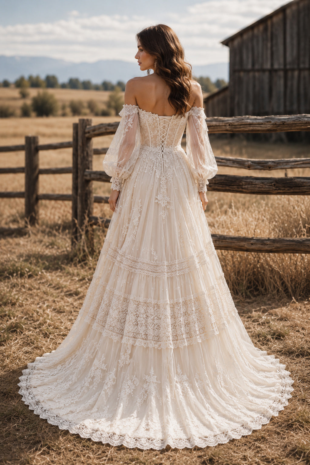 Ivory Off Shoulder Bell Sleeve Tiered Lace A-Line Wedding Dress for Wedding Ceremony and Reception back view