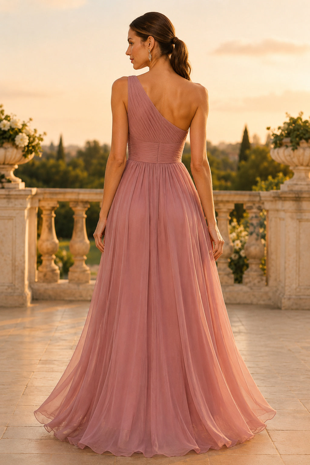 Dusty Rose One-Shoulder Chiffon A-Line Bridesmaid Dress with Ruffle Drape back view