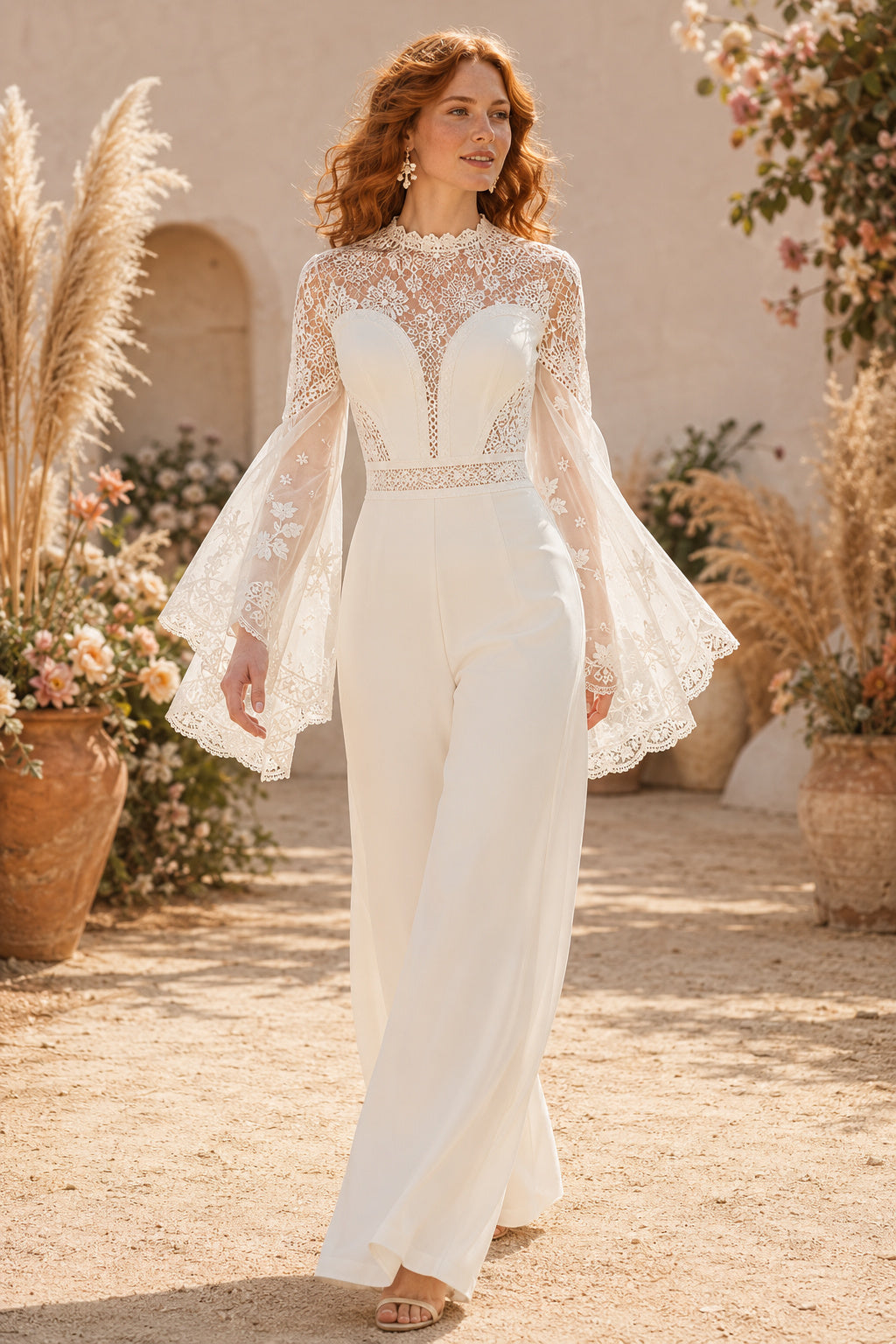 Ivory High Neck Bell Sleeve Lace Bridal Jumpsuit with Sheer Back front view