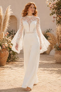 Ivory High Neck Bell Sleeve Lace Bridal Jumpsuit with Sheer Back front view