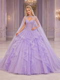 Lilac Luxury Removable Crystal Cape Layered Tulle Quinceanera Princess Ball Gown front view