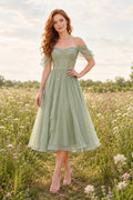 Sage Off Shoulder Chiffon Dress with Bow Back Tea Length A-Line Bridesmaid Dress front view