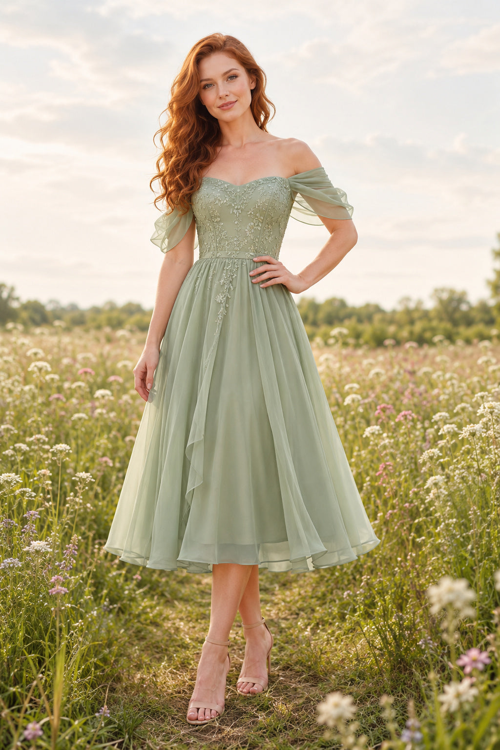 Sage Off Shoulder Chiffon Dress with Bow Back Tea Length A-Line Bridesmaid Dress front view
