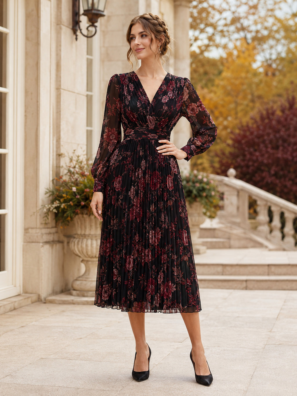 Black Burgundy Floral V Neck Long Sleeve Pleated Midi Guest Dress front view