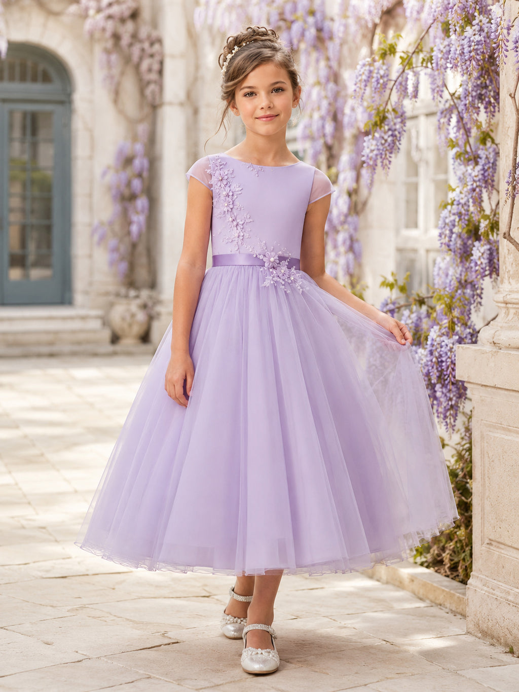 Flower Girl Dress Lavender Tulle A-Line Sleeveless Jewel Neck Tea Length Bow Detail front view