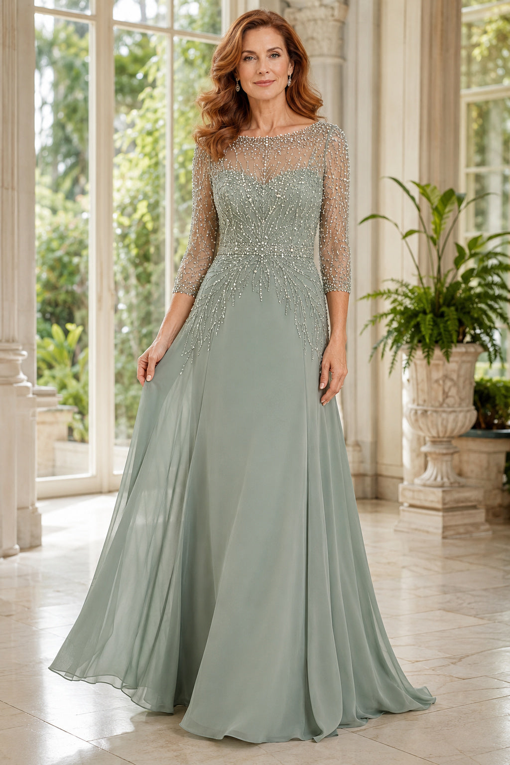 Sage Bateau A-Line Mother Dress with Illusion Long Sleeves and Chiffon Skirt for Evening Reception front view
