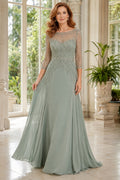 Sage Bateau A-Line Mother Dress with Illusion Long Sleeves and Chiffon Skirt for Evening Reception front view