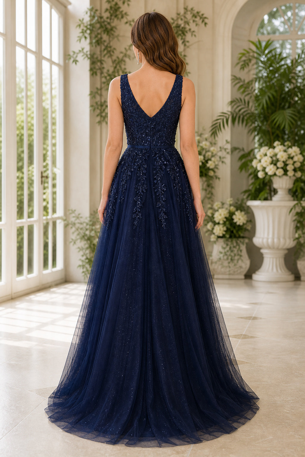 Navy V-neck Sleeveless A-Line Tulle Floor-Length Dress With Lace Bodice