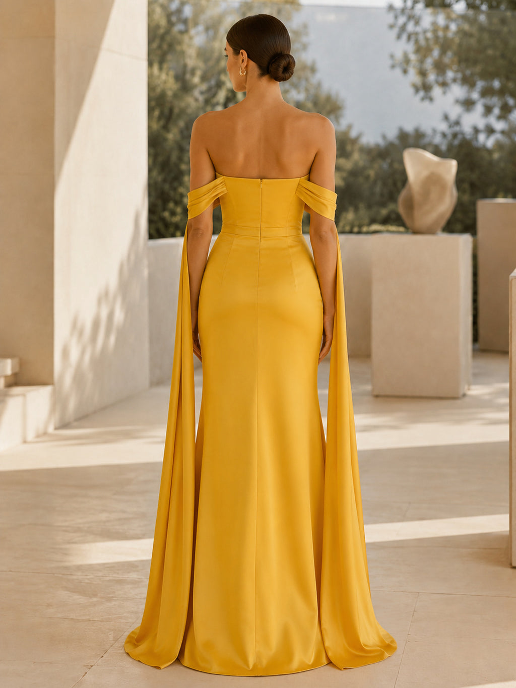 Golden Yellow Off Shoulder Draped Satin Sheath Floor Length Wedding Dress back view