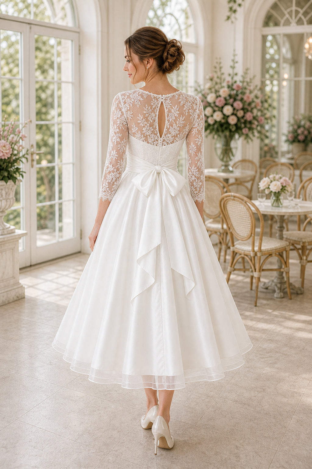Ivory Illusion Long Sleeve A-Line Tea-Length Wedding Dress With Lace Bodice