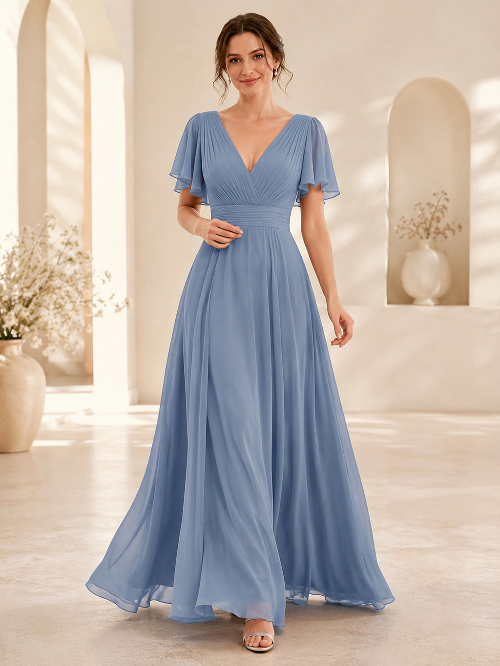 Steel Blue Chiffon V-Neck Flutter Sleeve Evening Gown front view