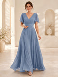 Steel Blue Chiffon V-Neck Flutter Sleeve Evening Gown front view