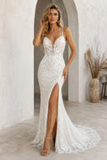 Ivory Spaghetti V-Neck Lace Mermaid Wedding Dress Split Chapel Train for Wedding Ceremony and Reception front view