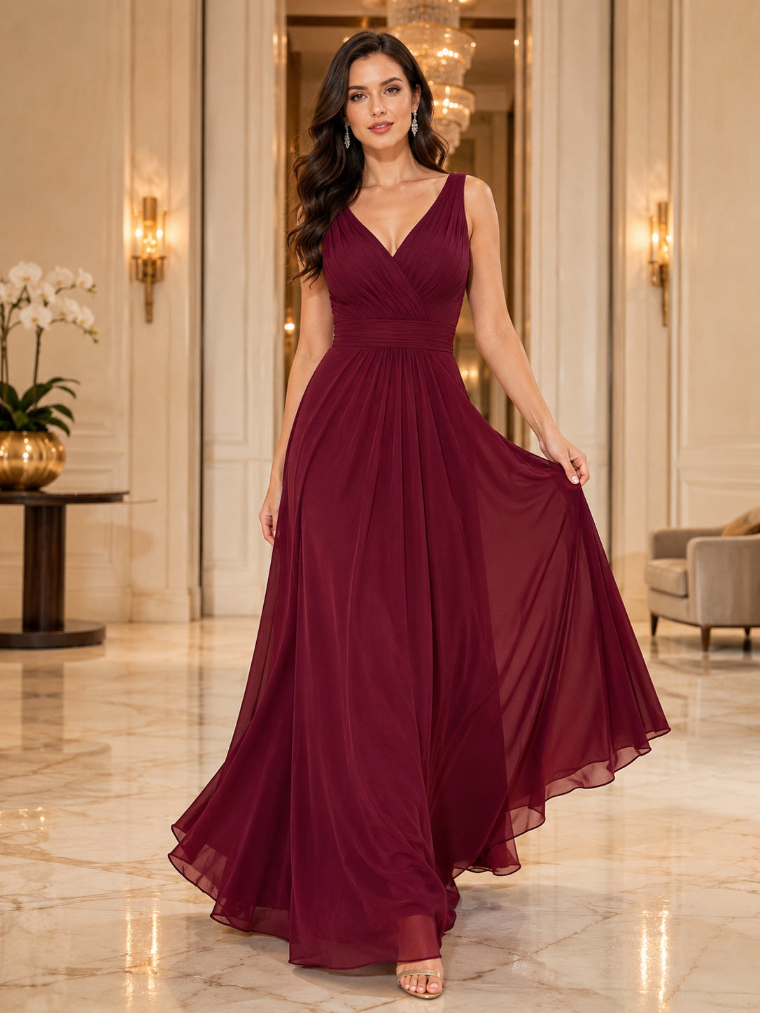 Burgundy V-neck Chiffon Low Back A-Line Gown front view