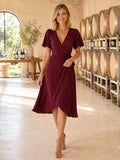 Burgundy Flutter Sleeve Wrap Winery Dinner Midi Dress front view