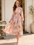 Blush Abstract Face Long Sleeve Chiffon Midi Dress front view
