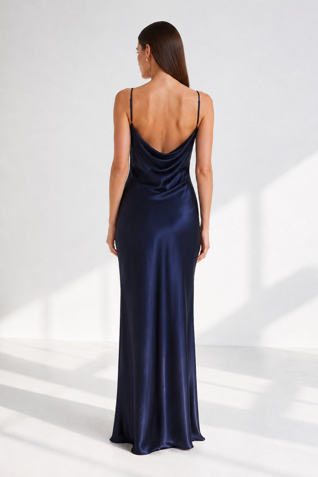 Dark Navy Cowl Neck Satin Sheath Formal Dress back view